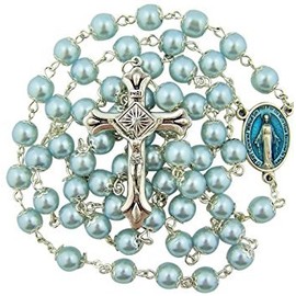 DTC Double Capped Blue Glass Pearl Prayer Bead Miraculous Medal Centerpiece Rosary