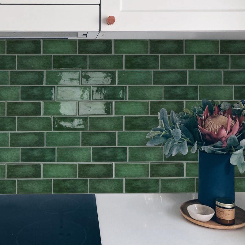 Subway Backsplash Tile Peel and Stick, Forest Green Self Adhesive