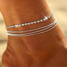 Atentuyi Layered Rhinestone Anklet Silver Ankle Bracelet Bohemian Foot Chain Barefoot Beach Anklet Jewellery for Women and Girls