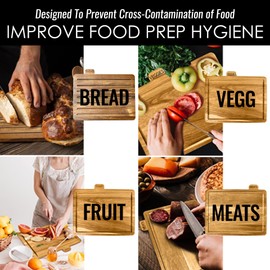 Modernlyst Acacia Cutting Boards for Kitchen with Holder 13" x 11" x 2.5" | Labeled Wood Cutting Board Sets | Large Wooden Cutting Board Set with Black Organized Stand (Acacia White Holder)