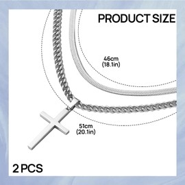 ALIDOU 2PCS Silver Cross Necklace for Men, Silver Crucifix Necklace for Men, Stainless Steel Pendant Cross Chain with Sturdy Cuban Chain, Layered Jewelry Style Mens Chains, Gift for Mens, Teen Boys