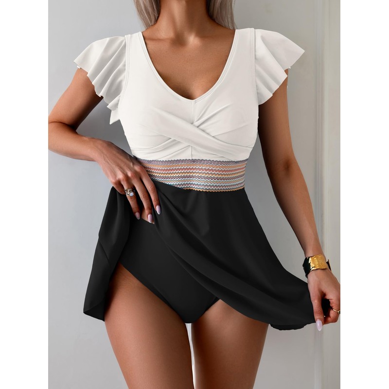 Aidonger Women's Tankini Swimdress Tummy Control Swimsuit Ruffle Color Block