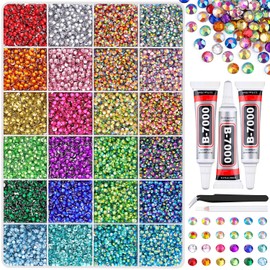 24000Pcs Resin Rhinestones with Tweezers for Crafting, Mixed-Color 3mm Bedazzling Crystal with 3Pcs 10ml B7000 Jewelry Glue for DIY Crafts Clothing Tumblers Shoes Fabric Nail Art