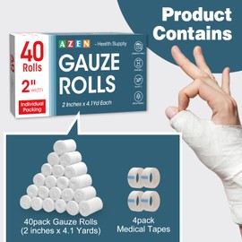 AZEN 40 Pack Gauze Rolls Bandages, 2 in x 4.1 Yards, Premium Medical Supplies & First Aid Supplies, Bandage Wrap Vet Wrap, Mummy Wraps