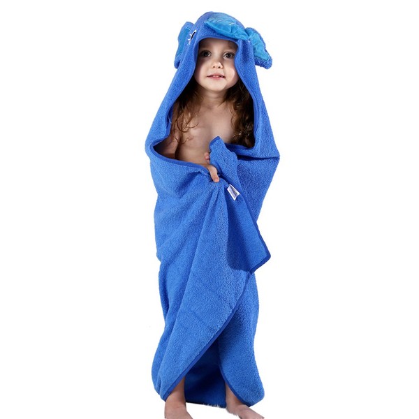 COOKY.D Premium Cotton Cute Animal Face Hooded Baby Bath Towel for Baby Girls Boys, 90x90cm(0-6 Years Old), Blue Elephant
