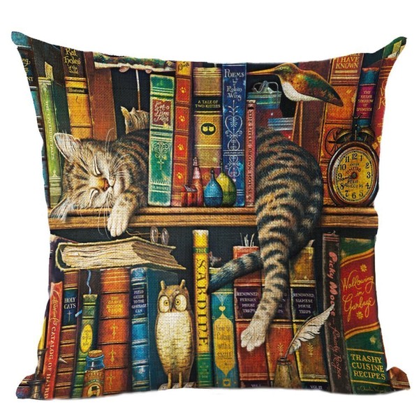 IK HAPPY Bookshelf sleeping cat lkw1012 Decorative Cotton Linen Blend Throw Pillow Cover Square Pillow Case Cushion Cover 18 x 18 Inches Griffith.MJ