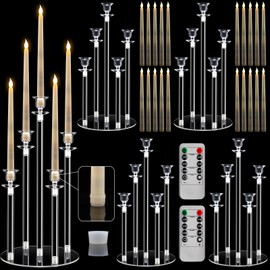 Barydat 4 Set Acrylic Candelabra Centerpiece Clear Candle Holders with 20 LED Candles 5 Arm Holder for Tables with Remote Timer and Rubber Candle Rings Wedding Party Decor