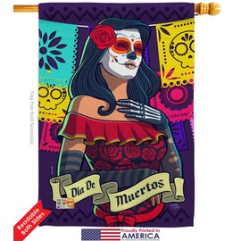 Breeze Decor La Calavera Catrina Garden House Flags Set Fall Dia De Los Muertos Fiesta Mexican Party Autumntime Small Decorative Gift Yard Banner Double-Sided Made in USA 28 X 40