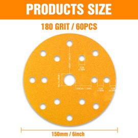 KONGMING 60 Pcs 150mm Sanding Discs Grit 180 Hook and Loop 15 Hole for Random Orbital Sander