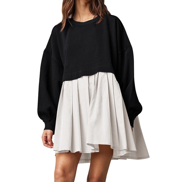 Dokuritu Sweatshirt Mini Dress Women Long Sleeve Crew Neck Pullover Patchwork Tops Flowy Oversized Sweatshirt Dress Black/White