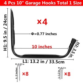 Yisunnan Heavy Duty Giant Garage Storage Hook Wall Mounted Utility Hanging Rack for Surfboard,Ladder,Kayak (4 Pcs Black 10" J Hook)