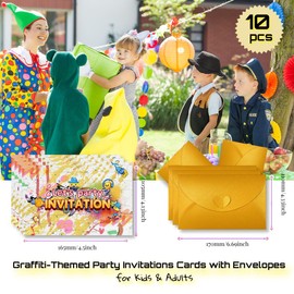 Graffiti-Themed Party Invitation Cards – Set of 10 Premium Yellow Invitations with Elegant Envelopes for Boys, Girls, Adults & Kids, Perfect for Creative or Birthday Celebrations