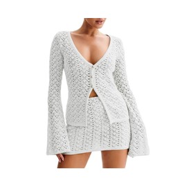 2 Piece Outfits for Women Crochet Knit Cover Up Set Summer Long Sleeve Tops Casual Mini Skirts Swimsuit Beach Vacation Outfits White