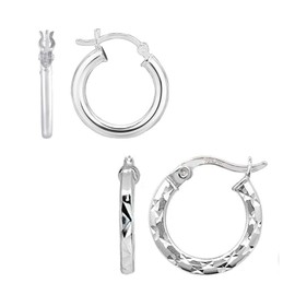 LeCalla 925 Sterling Silver Small Classic Diamond-Cut Hoop Earrings Trendy Jewelry Set of 2 Pair Click-Top Hoops Earring for Teen Women 15 MM