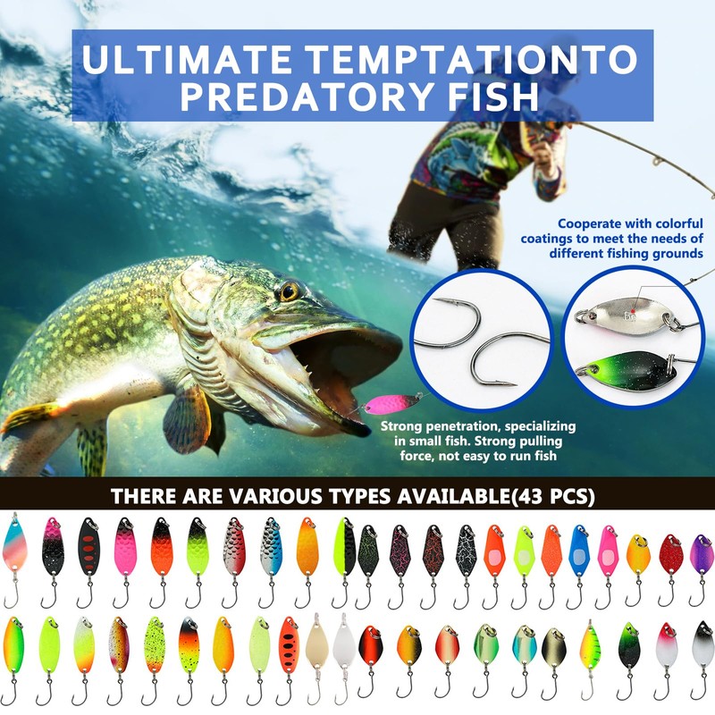 JasCherry 43-teiliges Angelköder-Set, Pailletten-Spinner-Angelköder mit Haken, lebensechtes Angelzubehör-Set, Löffel-Schwimmköder mit