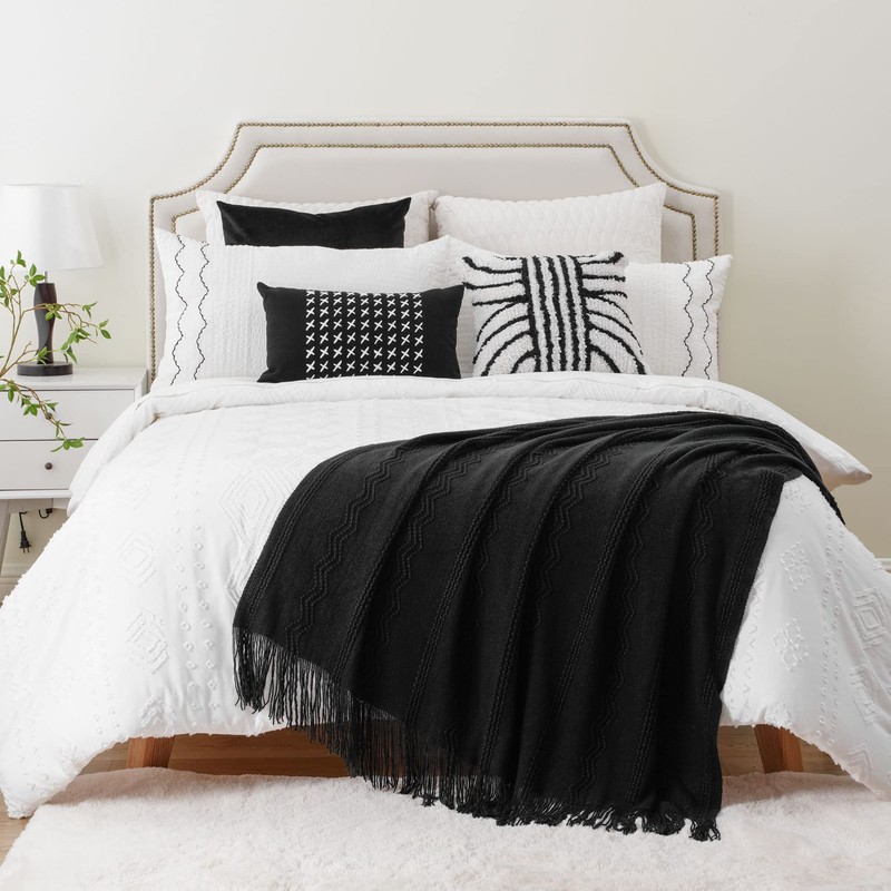 Battilo Black Throw Blanket with Fringe, Bed Throws for Home