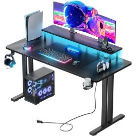 HLDIRECT Gaming Desk with LED Light & Monitor Stand, Computer Desk with Power Outlets