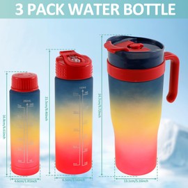 Foribyw 3Pcs Sports Water Bottle Set, 260ml/ 700ml/ 1200ml Straw Water Bottle with with Straw and Time Markings,BPA Free Leak-proof Drink Bottle for Running,cycling, Gym, School & Office(blue)