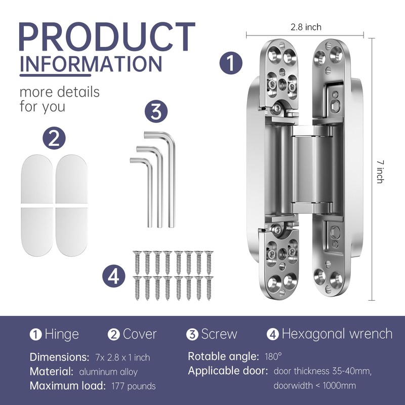 7" 2 pcs Hidden Hinges for Doors Invisible Hinges Concealed