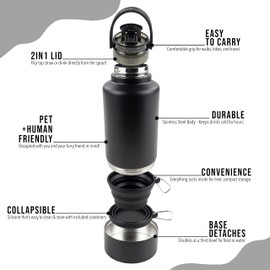 Hogg Hydro Hound, Insulated Dog Water Bottle with Bowl, Stainless Steel Dog Water Bottle, 32 oz Insulated Stainless Steel Tumbler for Pets, Pet Bowls, Powder Coated - Black