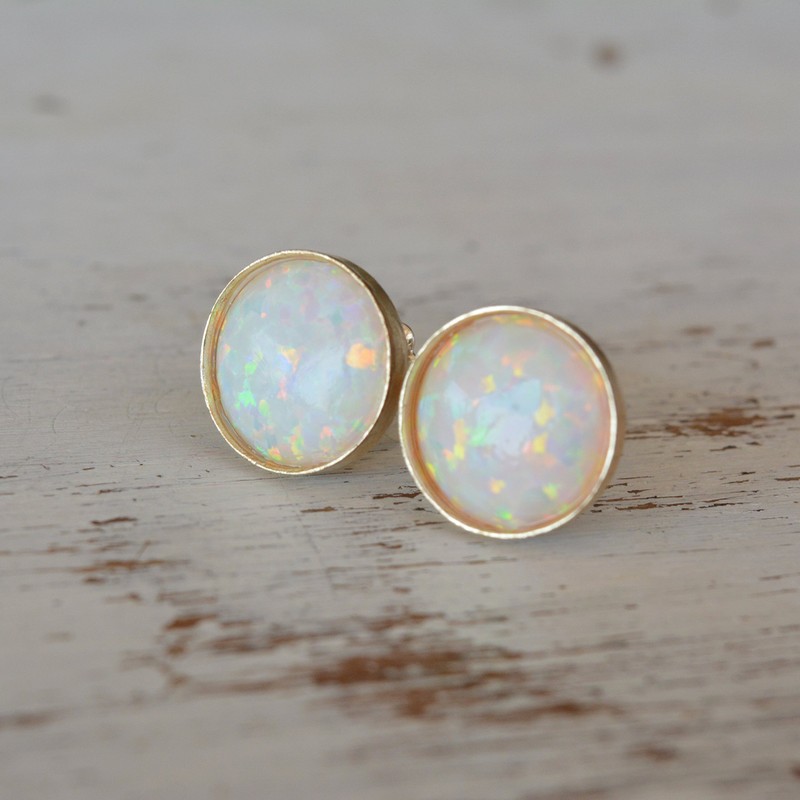 White Opal Stud Earrings 8mm Gold Filled Dainty Earrings