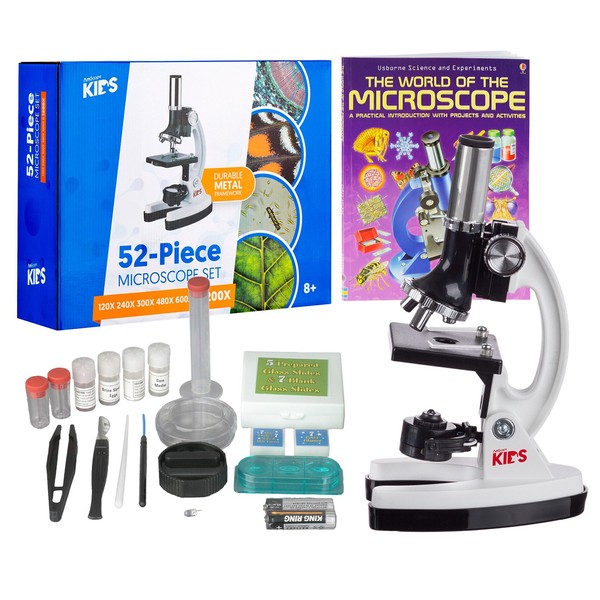 AmScope - M30-ABS-KT2-W-WM 1200X 52-pcs Kids Student Beginner Microscope Kit with Slides, LED Light, Storage Box and Book"The World of The Microscope" White