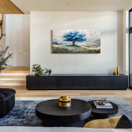 SERIMINO Tree of Life Landscape Wall Art, Blue Tree Aesthetic Large Artwork, Nature Botanical Decor Canvas Prints, Rustic Scenery Modern Pictures Wall Decor Living Room Bedroom Home Office 20"X40"