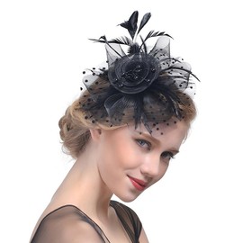 Jieddey Fascinator Hat, Vintage Veil Mesh Headband Women Black Saucer Sinamay Headband Church Hair Accessories Wedding Ascot Hat Hatinator Bird Cage Veil Feather Mesh Face for Tea Party