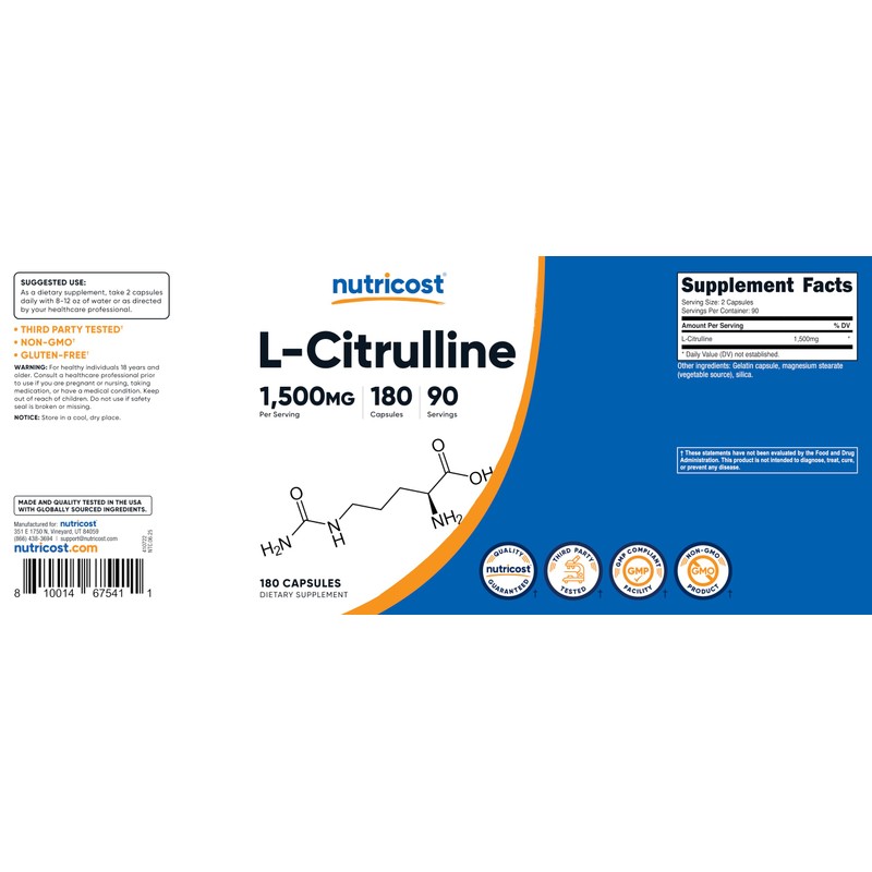 Nutricost L-Citrulline 1500mg, 180 Capsules - 750mg Per Capsule, Gluten