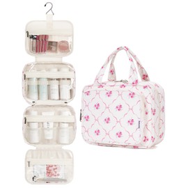Narwey Hanging Toiletry Bag for Women Travel Makeup Bag Organizer Toiletries Bag for Travel Size Essentials Accessories Cosmetics (Bowknot and Flower (Medium))