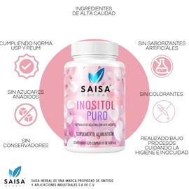 Inositol 100% Puro - 120 Cápsulas | Suplemento Alimenticio Natural | Apoya el Equilibrio Hormonal y la Salud Mental | Saisa Herbal