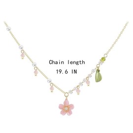 Pink Flower Necklace for Women Cherry Blossom Necklace Fashion Delicate Charm Pink Cherry Blossom Green Leaf Pearl Necklace Jewelry (pink)
