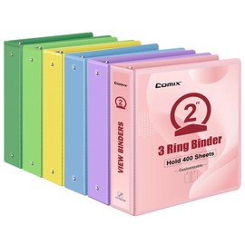 COMIX Standard 3 Ring Binder 2 inch with Clear View Cover, 2" Round Ring View Binder Holds 400 Sheets of US Letter Size Paper, 6 Pack (Multicolored)