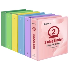 COMIX Standard 3 Ring Binder 2 inch with Clear View Cover, 2" Round Ring View Binder Holds 400 Sheets of US Letter Size Paper, 6 Pack (Multicolored)