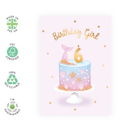 Central 23 Sixth Birthday Card for Girls - Happy 6th Birthday Card - Age 6 - Six Year Old - Cute Pastel Pink Blue Mermaid Shells - Kids - Daughter - Granddaughter - Comes With Fun Stickers
