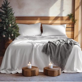 LBR02M 100% Linen Sheet Set California King Size, Bed Sheets 4 Piece Sets, Solid Color Natural Flax Bed Sheets Soft Breathable Bedding,16" Deep Pocket,All Season (Clifornia King, White)