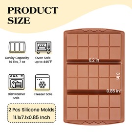 Fimary 2 Pcs Dubai Chocolate Bar Mold Deep Silicone 0.85 Inch Large Stuffed Chocolate Molds Nonstick Break Apart Square Shape Thick Candy Bar Molds