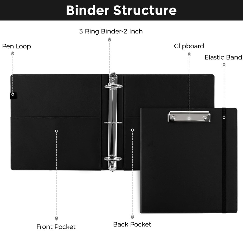 SKYDUE 3 Ring Binder with Clipboard, 2 Inch PU Heavy