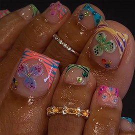 ONPRESS 24Pcs Flower Press on Toenails Short Square Fake Toenails with 3D Gold Beads Rhinestone Design Colorful Stripe French Tip Acrylic False Nails Spring Summer Floral Stick on Nails for Women