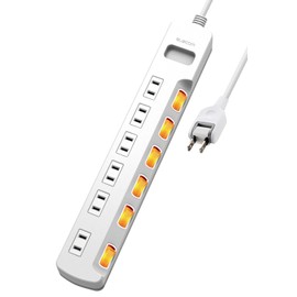 ELECOM T-K6A-2630WH Power Strip, 6 Outlets, 9.8 ft (3 m), Lightning Guard, Individual Switches, Dust Shutters, Heat Resistant, PSE Technical Standards Compliant, White