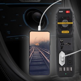 Inversor de potencia de 200 W, inversor de potencia de coche de 12 V a 220 V CA con encendedor de cigarrillos 4 puertos USB