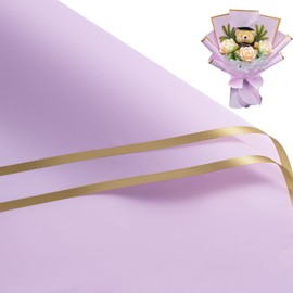 RUSPEPA 20 Sheets Flower Wrapping Paper - Gold Edge Waterproof Floral Bouquet Wrapping Paper - Florist Supplies Packaging Paper for Birthday, Wedding and DIY Crafts - Light Purple