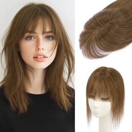 S-noilite Hair Toppers for Women Real Human Hair, 100% Real Human Hair Toppers with Bangs for Women with Thin Hair,2.25"*6" Lace Silk Base 12 inch Meduim Brown