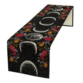 Boho Moonlit Garden Flower Table Runner,Moon Phase Floral Long Table Runner Cover for Wedding Kitchen Party Holiday Dining Home Everyday 13x36 Inch