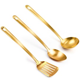 XWDALIN Kitchen Cooking Utensils Set, 3 pcs Stainless Steel Cooking Utensils Spatula Set with Titanium Gold Plating, Kitchen Gadgets Utensil Set，Slotted Turner，ladle，serving spoon