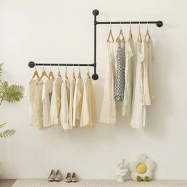 Industrial Pipe Clothing Rack Wall Garment Rack with Pipe Clothes Rails, Multi-Purpose Heavy Duty Clothes Hanging Rods Space-Saving Clothes Bar Organizer Closet (wall clothing rack-2 hanging rods)