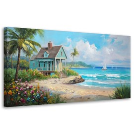 Anolyfi Tropical Wall Art for Living Room, Palm Tree Nature Coastal Picture Seascape Canvas Painting, Textured Artwork Framed Bedroom Hallway Kitchen Office Home Decor 58"x29"