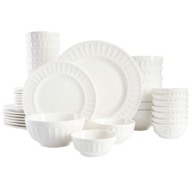 Gibson Home Zen Buffet Porcelain Ceramic Dinnerware Sets for 8, Plates and Bowls Set (40pcs), White Embossed Dishes