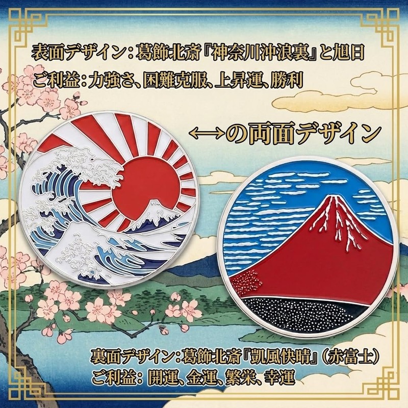 Katsushika Hokusai Golf Marker, Double-Sided Design, Red Fuji 1.3 inches