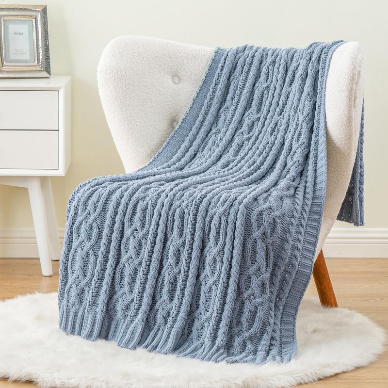 Battilo Bluish Grey Throw Blanket for Couch, Woven Chenille Blue